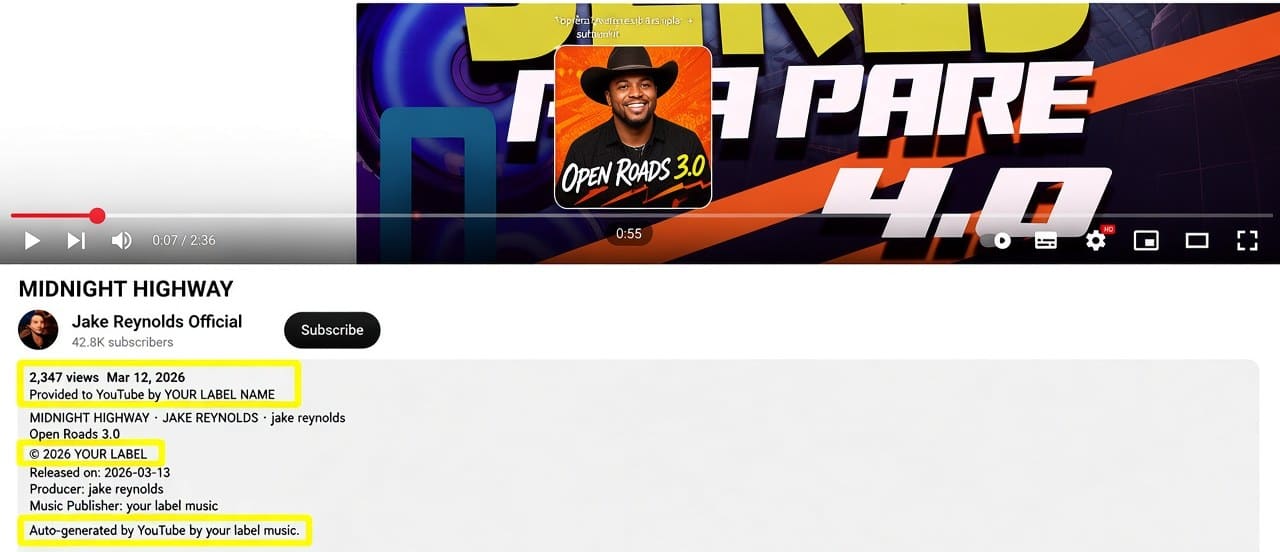 A track page on YouTube with the label credit lines highlighted in yellow.